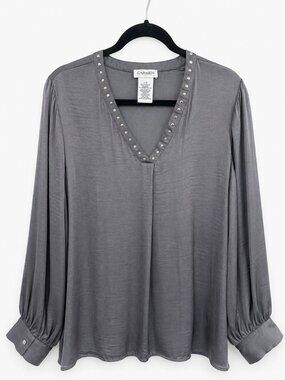 Carmen Marc Valvo Gray Studded V-Neck Satin Blouse Size Large Career Chic Top